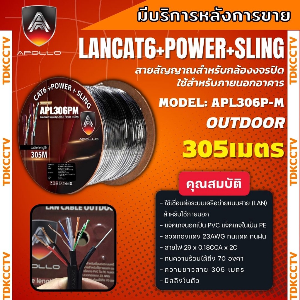 apollo สายแลน+สายไฟ + สลิง Lan Cable UTP CAT6 Outdoor+power + sling รุ่น APL 306P-M สำหรับใช้ภายนอก 305m