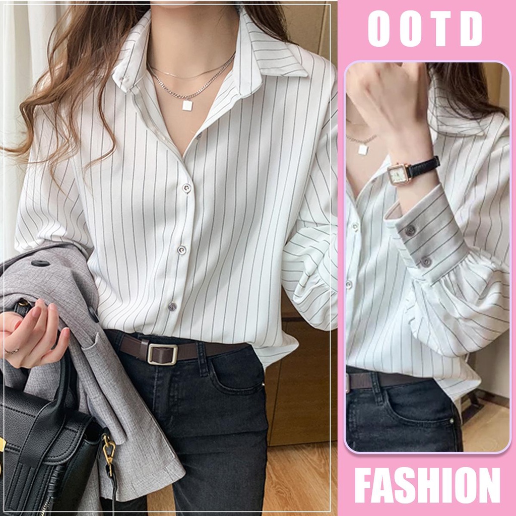 KOKO W285❤️เสื้อเชิ้ตแขนยาวลายทาง เสื้อแฟชั่นผู้หญิง คอปก สไตล์เกาหลี เนื้อผ้าดีใส่สบาย แมทช์ง่าย พนักงานออฟฟิศก็ใส่ได้