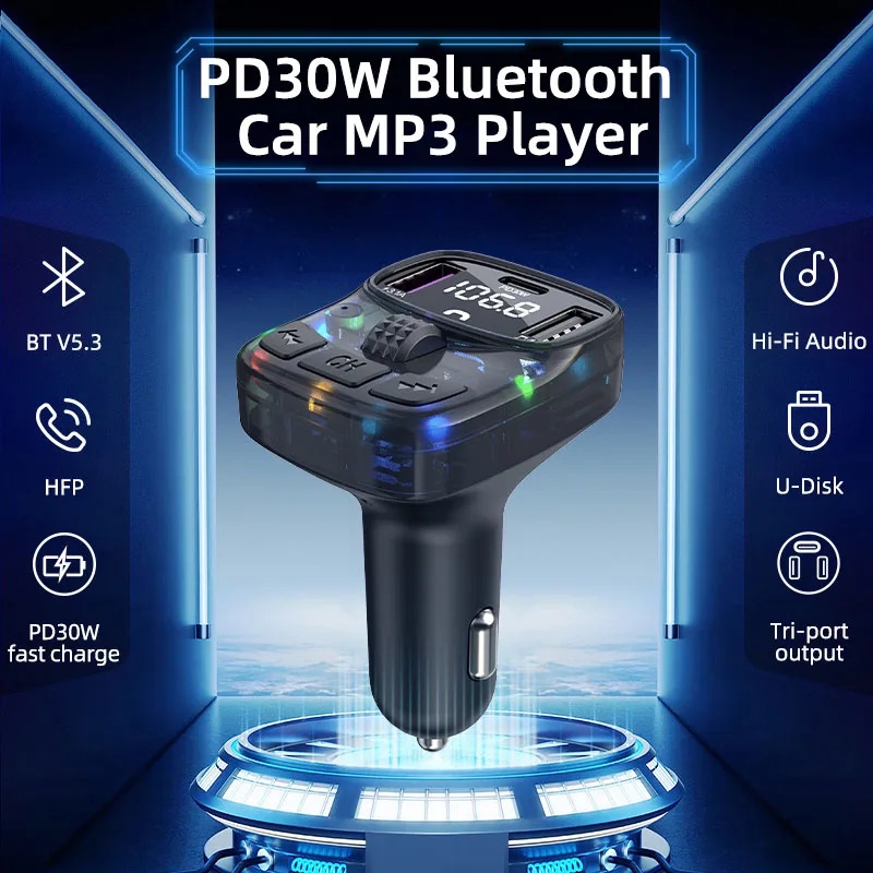 เครื่องเล่นเพลง MP3 บลูทูธ 5.3 30W 2USB+1PD Type C ชาร์จเร็ว สําหรับรถยนต์