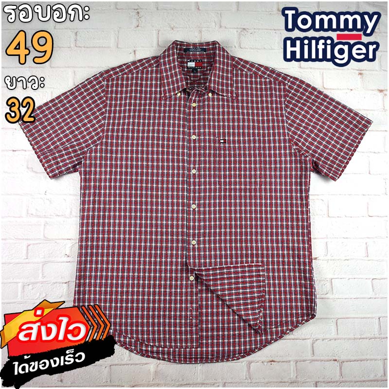 Tommy Hilfiger®แท้ อก 49 เสื้อเชิ้ตผู้ชาย ทอมมี่ ฮิลฟิกเกอร์ สีแดง แขนสั้น เนื้อผ้าดี