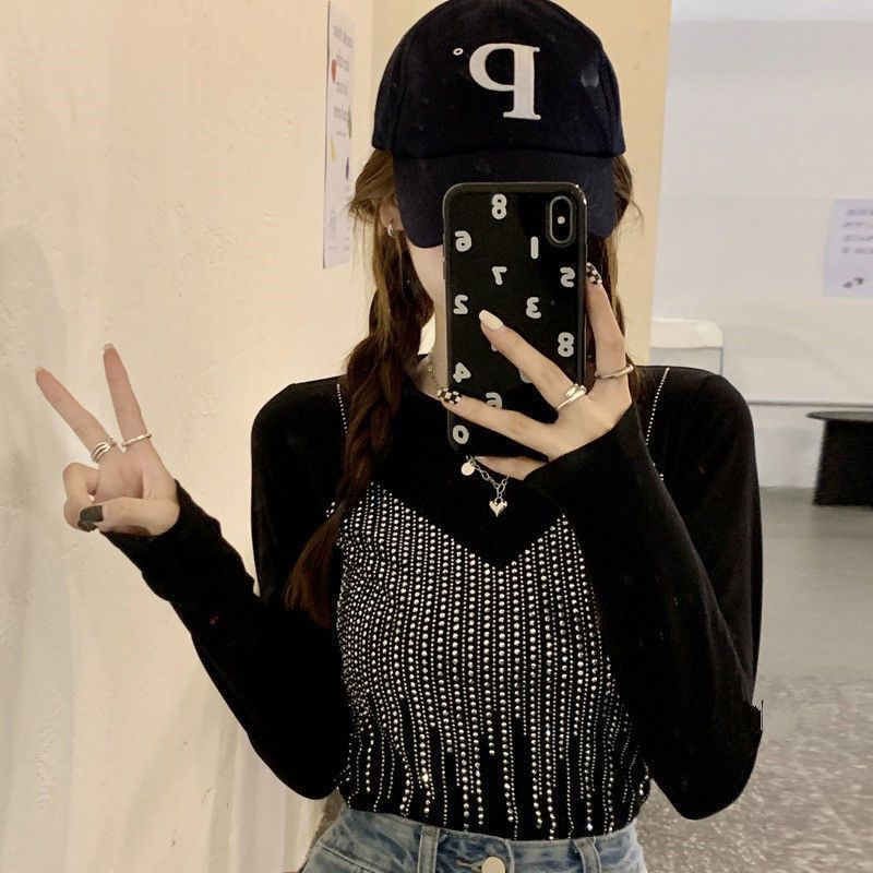 เสื้อยืดแขนยาว ประดับเพชร สีดํา แฟชั่นฤดูใบไม้ผลิ และฤดูใบไม้ร่วง สําหรับผู้หญิง