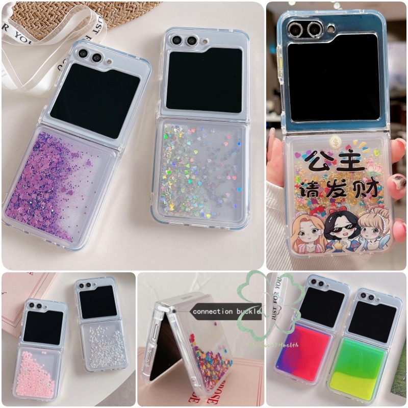 เคสโทรศัพท์มือถือแบบใส มีทรายไหล แต่งกลิตเตอร์ เลื่อมหัวใจ กันกระแทก หรูหรา สําหรับ Samsung Galaxy Z Flip 5 Zflip Flip5