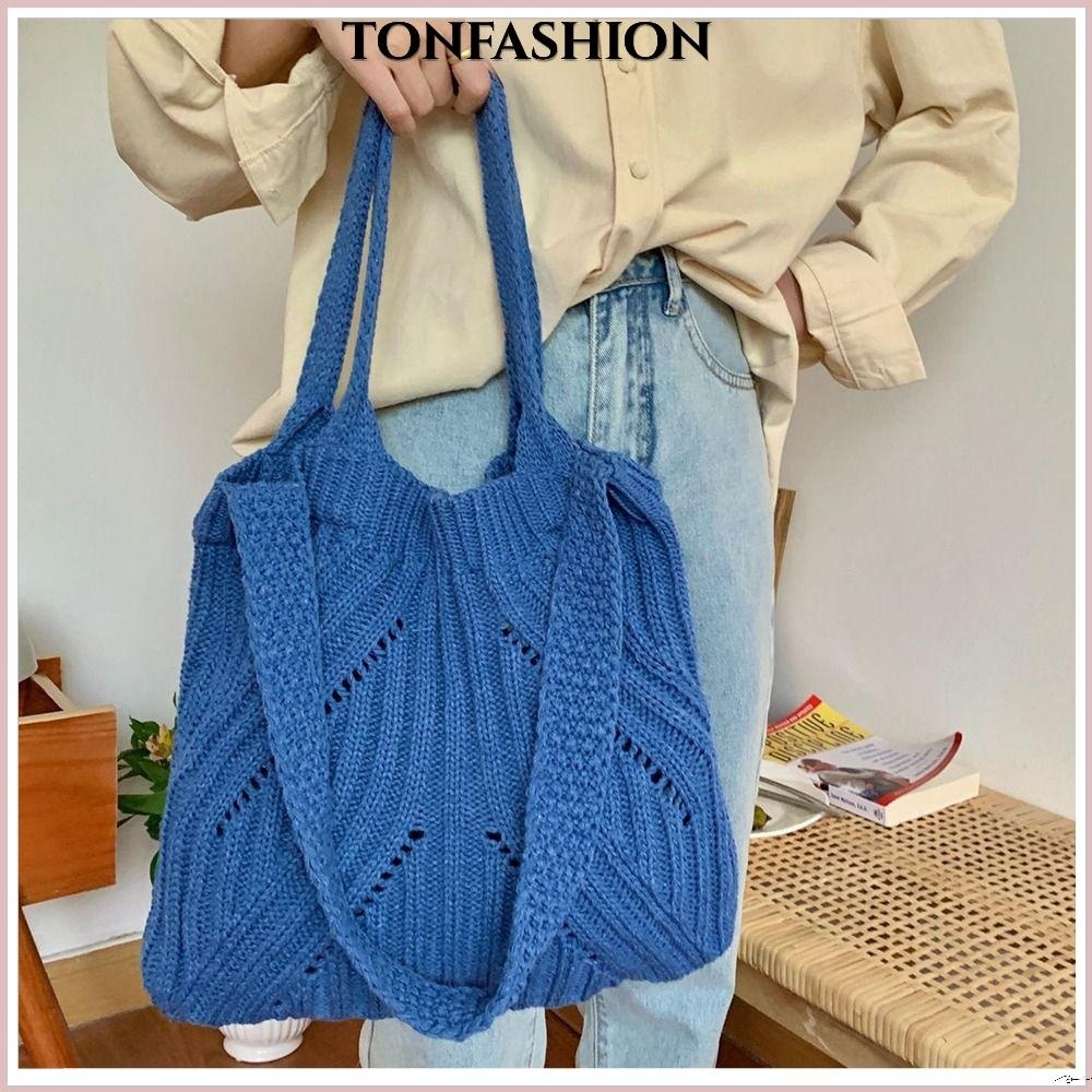 Tonfashion กระเป๋าสะพายไหล่ กระเป๋าถือลําลอง ผ้าถักโครเชต์ ฉลุลาย ความจุขนาดใหญ่ แฟชั่นสําหรับสตรี