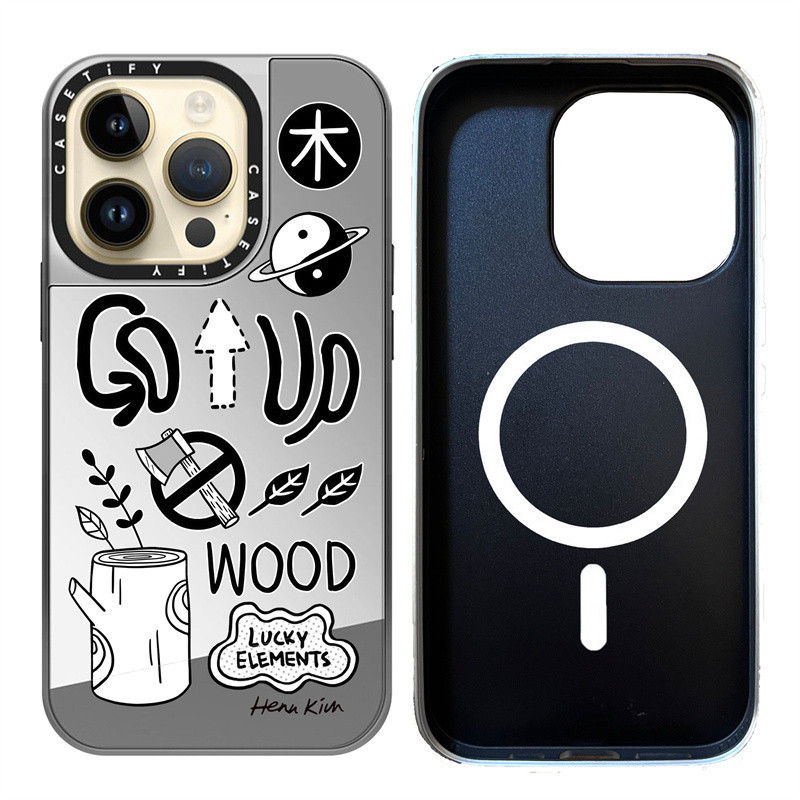 Casetify X 5 Elements : WOOD เคสกระจก เนื้อแมตต์ แม่เหล็ก สีเงิน และสีดํา สําหรับ Apple IPhone 15 14 13 12 Pro Max Plus
