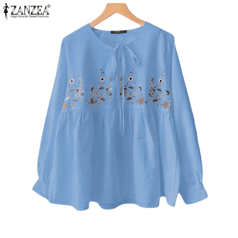 Zanzea เสื้อเบลาส์แขนยาวคอวีลําลองเกาหลีสําหรับผู้หญิง