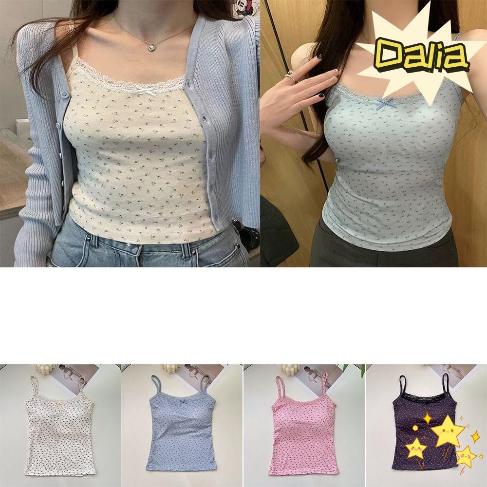 Dalia ลูกไม้ดอกไม้พิมพ์ Camis, Y2K ดอกไม้ Tops Floral Tank Tops, หวาน Slim Elegant Camisole สั้น Tan