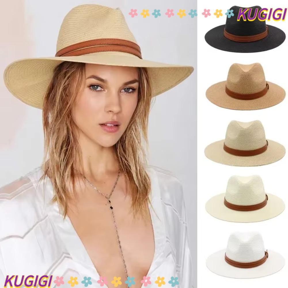 Kugigi หมวกปานามา, หมวกฟางแบบพับได้ป้องกันรังสียูวี, แถบหนังปีกกว้าง Breathable Shading Hat Men & Women