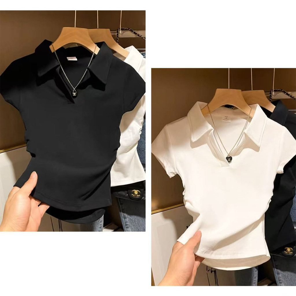 เสื้อยืดผู้หญิงแขนสั้น คอปก สีขาว ทรงเข้ารูป ดูดี
