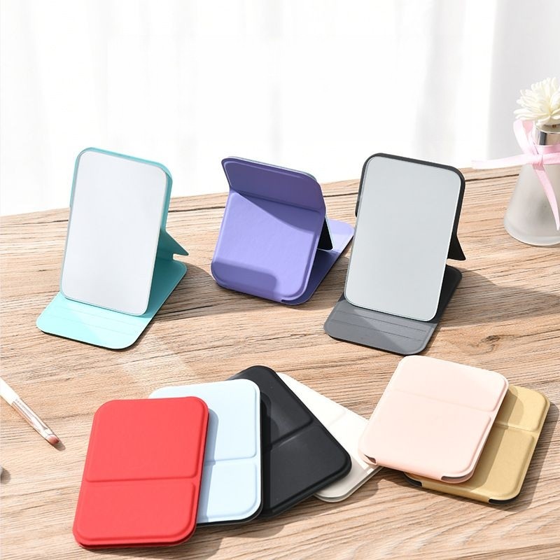 กระจกแต่งหน้าไร้ขอบมินิ พับได้ หนัง PU พกพาสะดวก ตั้งโต๊ะได้ #AI-0002