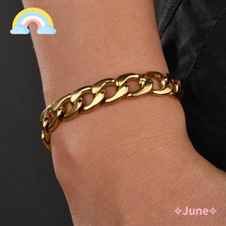 June Cuban Curb Link Chain, สร้อยข้อมือสแตนเลส สีทอง สร้อยข้อมือสีพื้น, สร้อยข้อมือสเตนเลส ทรงเรขาคณิต เรียบง่าย สําหรับผู้ชาย