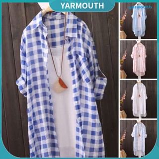 Yyr--เสื้อเชิ้ตยาว ลายสก๊อต แขนสามส่วน ชายเสื้อไม่สม่ําเสมอ บาง กันแดด ปก หลวม กระดุมแถวเดียว สไตล์เกาหลี สําหรับผู้หญิง