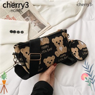 Cherry3 กระเป๋าสะพายไหล่ ผ้าไนล่อน พิมพ์ลายหมีน้อย สไตล์วินเทจ แฟชั่นสําหรับผู้หญิง