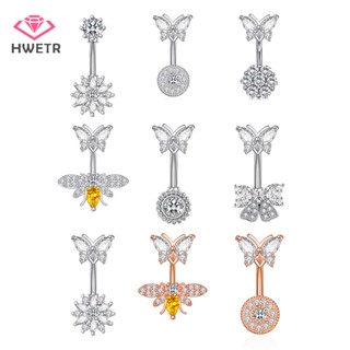 HWETR แฟชั่น Bee Belly ปุ่มแหวนสแตนเลสคริสตัลเพทายดอกไม้สะดื…
