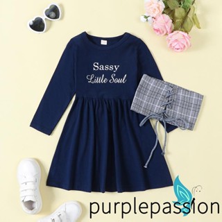 Purplepassion- ชุดเดรสแขนยาว คอกลม พิมพ์ลายตัวอักษร แต่งเข็มขัด ลายสก๊อต แฟชั่นฤดูใบไม้ร่วง สําหรับเด็กผู้หญิง