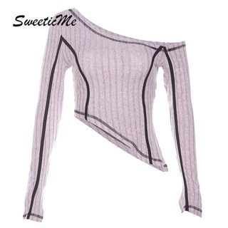 Sweeticme ใหม่ เสื้อยืดลําลอง แขนยาว ทรงสลิมฟิต สีตัดกัน แฟชั่นสําหรับสตรี 2023