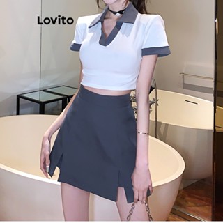 Lovito ชุดเอี๊ยมกระโปรงลําลอง ผ่าหน้า สีคอนทราสต์ สําหรับผู้หญิง LNE24205 (สีเทาเข้ม)