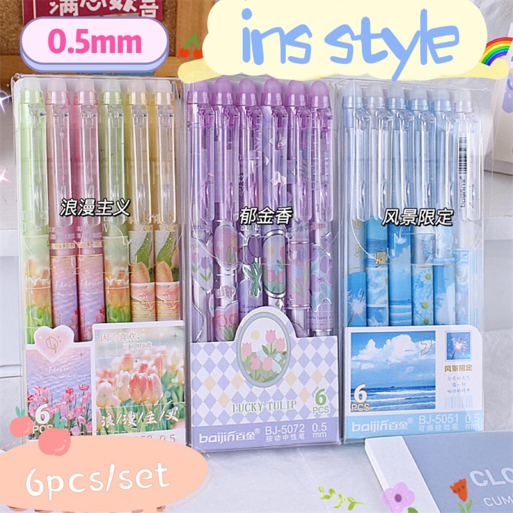 ปากกาลบได้ ลายทิวลิป ขนาด 0.5 มม. สีฟ้า สีดํา สําหรับเครื่องเขียน โรงเรียน จํานวน 6 ชิ้น ต่อชุด