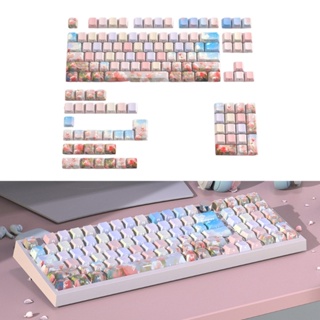 C* ปุ่มกดคีย์บอร์ด PBT ลายเชอร์รี่ สีกุหลาบ แบบหนา สําหรับเล่นเกม 134 ชิ้น