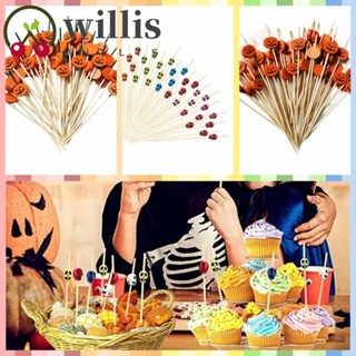 Willis ไม้เสียบไม้ไผ่ รูปฟักทองฮาโลวีน ผิวเรียบ ยืดหยุ่น เป็นมิตรกับสิ่งแวดล้อม ใช้แล้วทิ้ง สําหรับค็อกเทล 100 ชิ้น