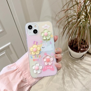 เคสโทรศัพท์มือถือแบบแข็ง ลายดอกไม้ กระต่าย 3D สําหรับ iPhone 11 12 12Pro 12ProMax 13 13Pro 13ProMax 14 14Pro 14ProMax