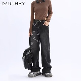 DaDuHey🎈 Korean Style Elastic Waist Jeans Womens Fashionable Summer American Style Loose Straight Fashion Long Pants