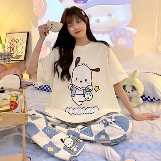 ชุดนอนแขนสั้น ทรงหลวม พิมพ์ลายการ์ตูนอนิเมะ Hello Kitty Pochacco Sanrio เหมาะกับฤดูร้อน สําหรับผู้หญิง [RAIN]