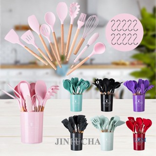 Jinfucha 12 ชิ้น ครัว ซิลิโคน ไม่ติด ไม้พาย ด้ามจับไม้ ชุดภาชนะทําอาหาร เครื่องมือ