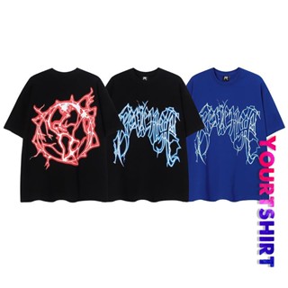 เสื้อยืดคอกลม แขนสั้น พิมพ์ลายตัวอักษร Lightning สไตล์เกาหลี วินเทจ พลัสไซซ์ สีพื้น สําหรับผู้ชาย และผู้หญิง