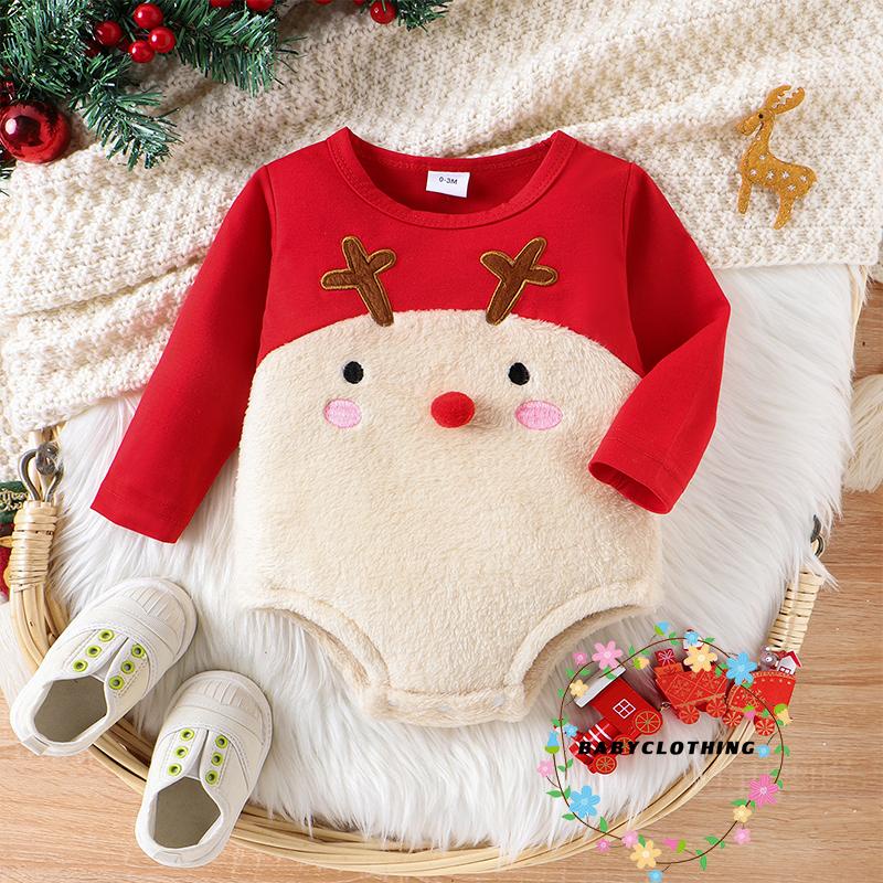 เสื้อผ้าเด็ก-unisex Baby Christmas Romper Classic Reindeer เย็บปักถักร้อยแขนยาว Plush Bodysuit ทารกแรกเกิด Playsuit