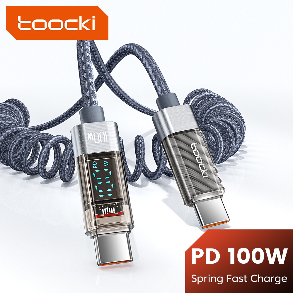Toocki PD 100W CC Spring Digital Data Cable Type C To Type C Fast Charging Wire 20W CL 66W USB To Type C สายจอแสดงผลดิจิตอลโปร่งใส