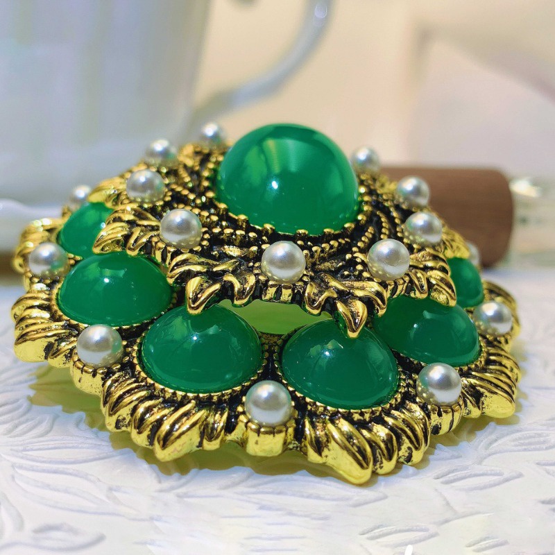 เข็มกลัด รูปดอกไม้ไฟ ใบไม้ ประดับคริสตัล สีเขียว สไตล์วินเทจ แฟชั่นฝรั่งเศสโบราณ สําหรับผู้หญิง - รูปที่ 3