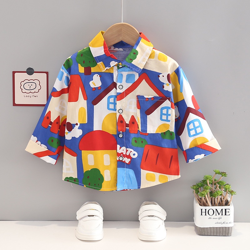 เสื้อเชิ้ตแขนยาวลําลอง คอปก แต่งกระดุม ลายการ์ตูน สําหรับเด็กผู้ชาย