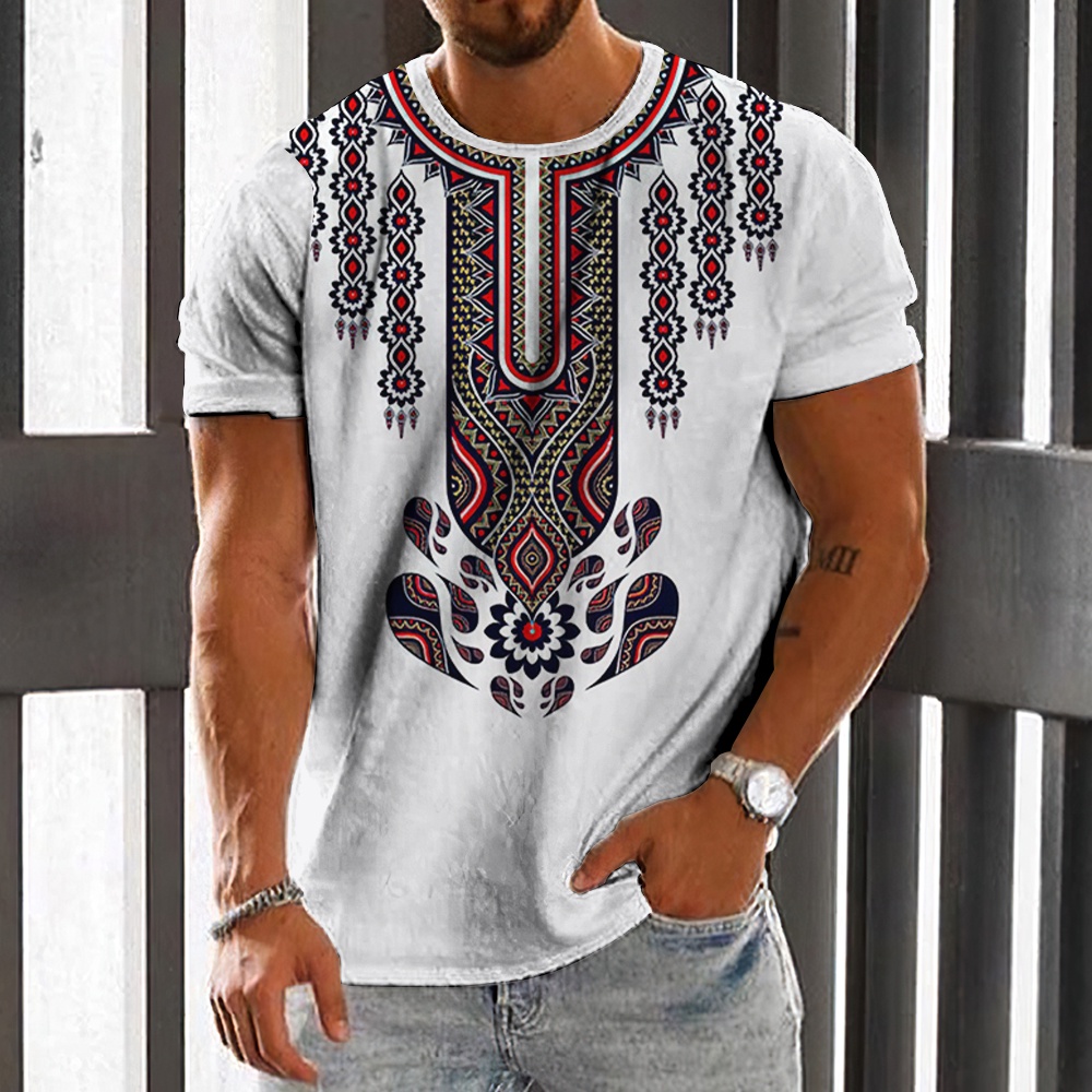 เสื้อยืดลําลอง แขนสั้น คอกลม พิมพ์ลายชนเผ่า ทรงหลวม ระบายอากาศ สไตล์วินเทจ เหมาะกับฤดูร้อน สําหรับผู้ชาย