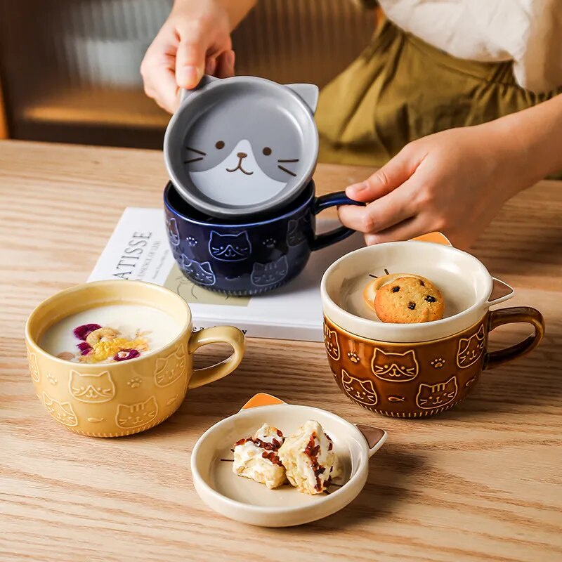 Japanese Cartoon Cat Coffee Mug With Cat Pattern Lid Small Dish Cute Breakfast Cup Creative Coffee Cup Milk Cup Gift For