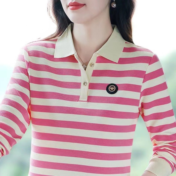 เสื้อยืดโปโล แขนยาว ผ้าฝ้าย ระบายอากาศ ลายทาง พลัสไซซ์ แฟชั่นเกาหลี สําหรับผู้หญิง ไซซ์ M-4XL