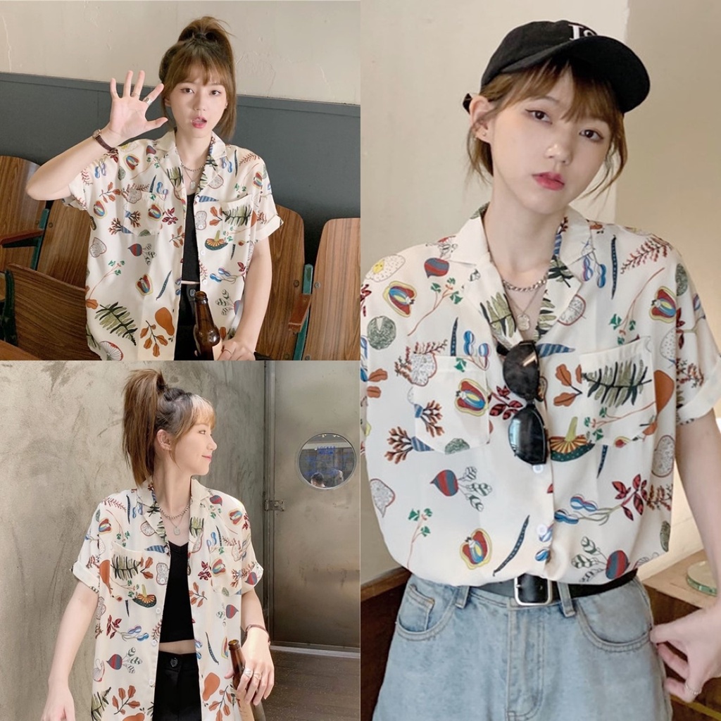 ราคาถูกที่สุด เสื้อเชิ้ตแขนสั้น คอปก แพทเทินลายผลไม้ มีกระดุมและเป๋าหน้า