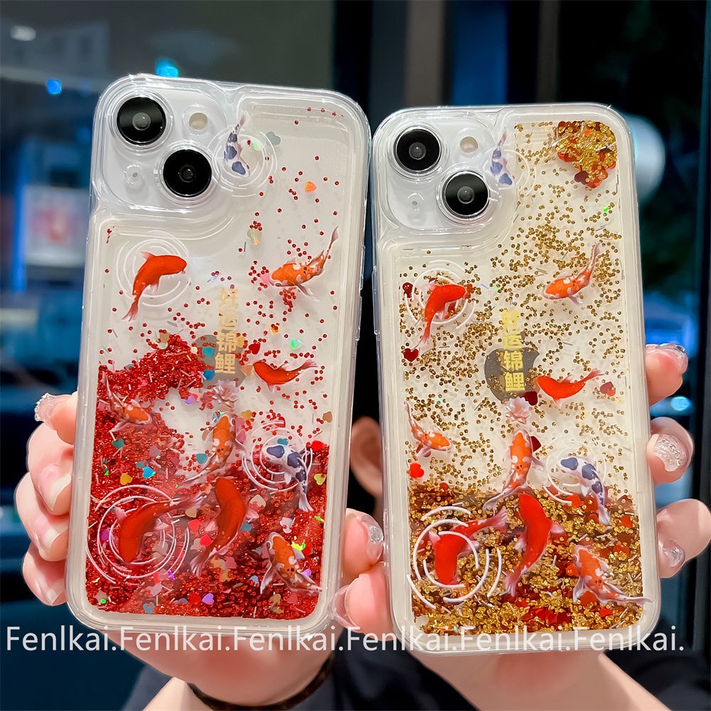 เคสโทรศัพท์มือถือ ลายปลาคราฟนําโชค แต่งกลิตเตอร์ สไตล์จีน สําหรับ Iphone 15 14 8P 13pro max 12pro 11 xr 1213