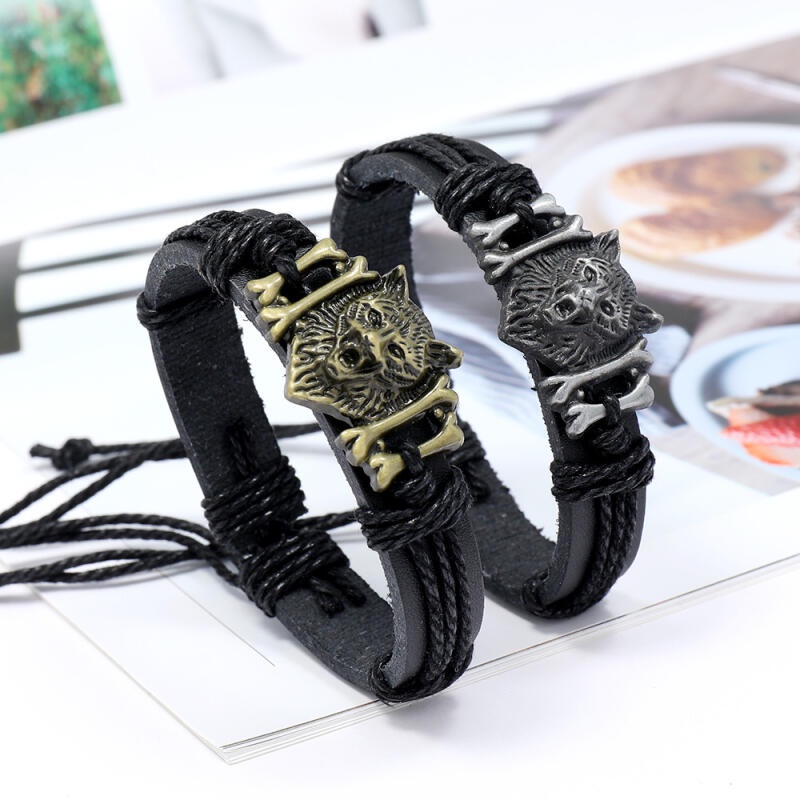 เครื่องประดับ สร้อยข้อมือ หนังถัก รูปหัวหมาป่า สามารถปรับขนาดได้ แฟชั่นวินเทจ สําหรับผู้ชาย