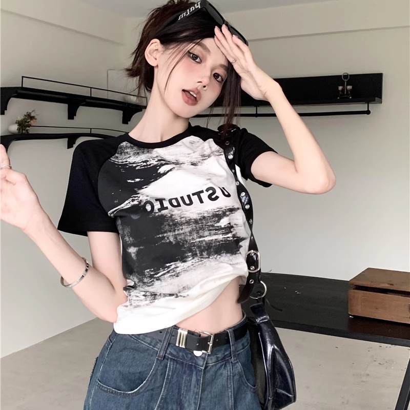 Bh เสื้อยืดแขนสั้นมัดย้อมวินเทจผู้หญิงอเมริกันผ้าฝ้ายพร้อมไหล่และคอกลมทรงเข้ารูป