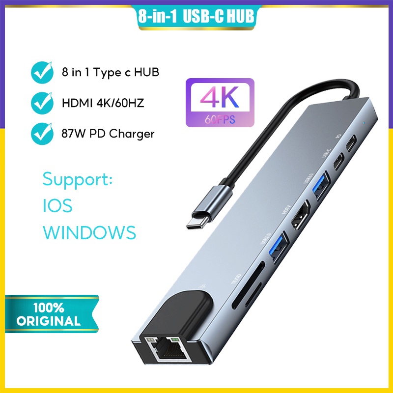 Fast Ship8 ใน 1 USB C Hub Dongle Ethernet RJ45 HDMI 4K USB3.0 87W PD Fast Charging TF/SD การ์ดประเภท