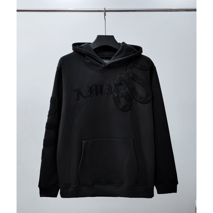 พร้อมส่ง AM1R1 เสื้อกันหนาว แขนยาว มีฮู้ด ลายงู ประดับเพชร สีดํา