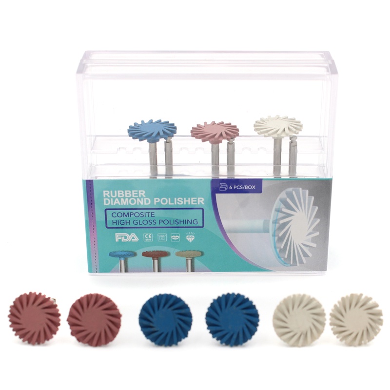 6 ชิ้น / เซ็ตทันตกรรมคอมโพสิตเรซิ่นขัดแผ่นชุดเกลียว Flex Brush Burs ระบบเพชร RA แผ่น 14 มม. ล้อฟันขัดแผ่น