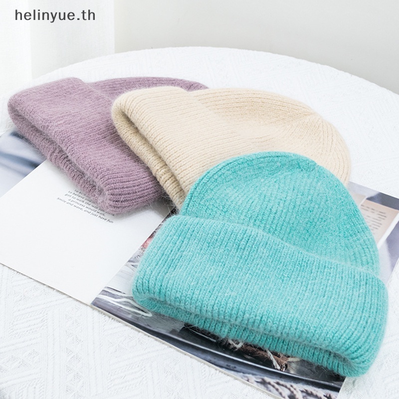 Helinyue หมวกบีนนี่ ผ้าถัก แบบหนา ยืดหยุ่น แต่งขนกระต่าย พับได้ สีพื้น แฟชั่นฤดูหนาว สําหรับผู้หญิง เล่นสกีกลางแจ้ง