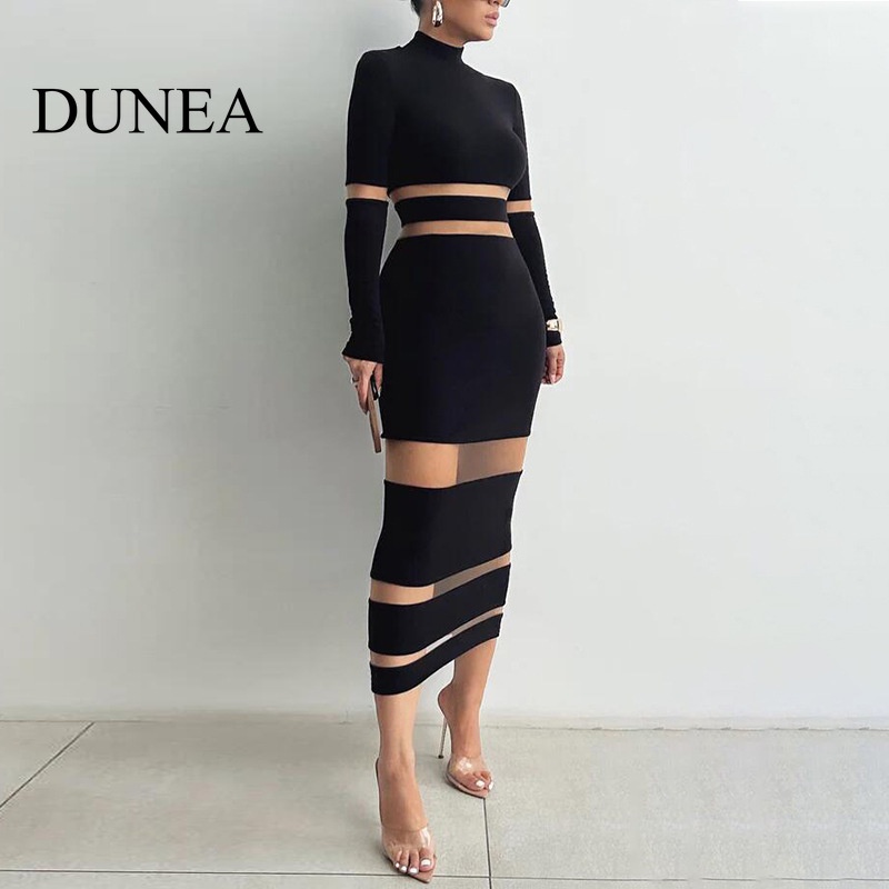 Dunea ชุดเดรสยาว คอสูง ผ้าตาข่าย เซ็กซี่ สําหรับผู้หญิง