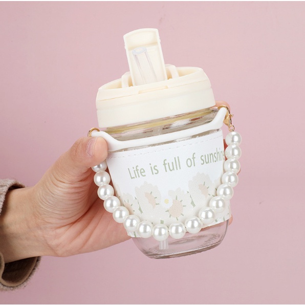 BYENJOYSHOP ปลีก/ส่ง แก้วกาแฟ กระบอกน้ำ น่ารัก พร้อมหลอด หูหิ้วไข่มุก 350ML