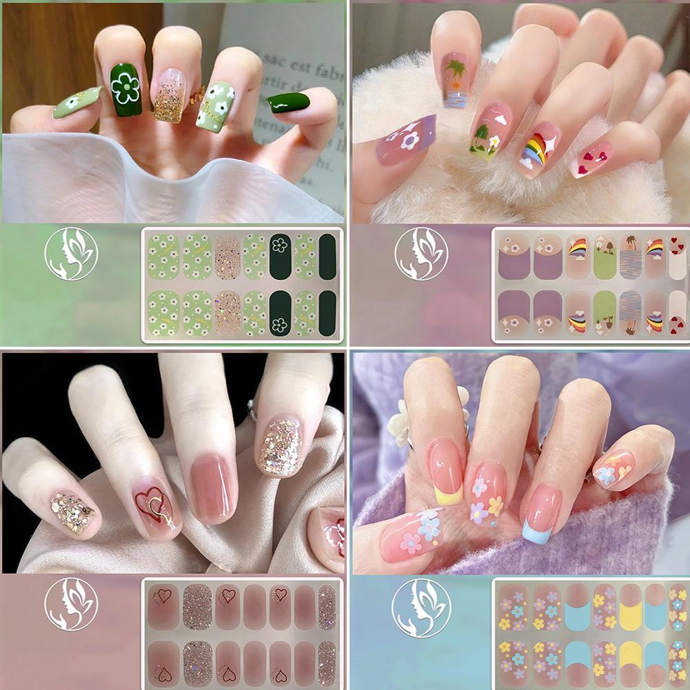 สติกเกอร์ติดเล็บเจล กึ่งบ่ม กันยูวี ติดทนนาน สีชมพู 14 ชิ้น L8P6