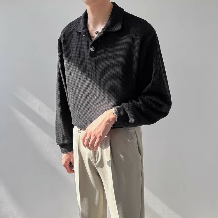 IELGY ฤดูใบไม้ผลิและฤดูใบไม้ร่วงเสื้อยืดแขนยาวผู้ชายคอปกโปโลสไตล์เกาหลีหลวมอินเทรนด์แบรนด์ลําลอง จุดต่ําสุด สูงสุด - รูปที่ 7