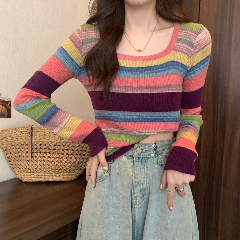 Beeเสื้อผ้าสตรี เสื้อกันหนาวแขนยาว คอสี่เหลี่ยม ผ้าถัก เข้ารูป ลายทาง สีสันสดใส สําหรับผู้หญิง