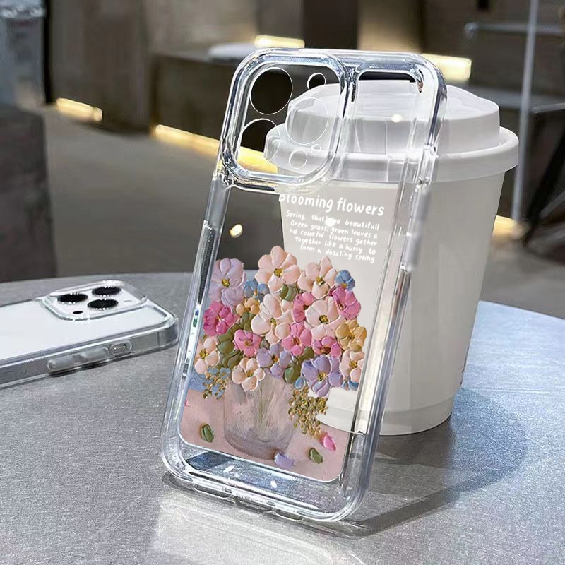 สําหรับ iPhone 17 16 15 13 12 11 14 Pro Max 16E XR XS Max 14 15 7 8 Plus Mini Art สีน้ํามันดอกไม้รูปแบบ Blooming ดอกไม้โปร่งใสดอกไม้ Space Soft Case – โปรปัง