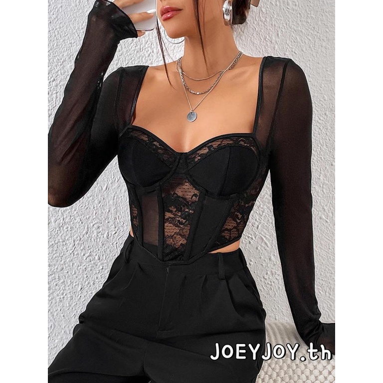 [จัดส่งจากประเทศไทย] เสื้อยืดครอปคอร์เซ็ตแขนยาวผ้าลูกไม้ปะติดปะต่อสีพื้นสำหรับผู้หญิง